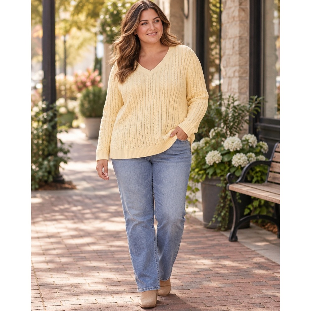 Croft & Barrow Butter Yellow Cable Knit Sweater Women XXL Preppy Coastal Cozy